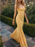 Elegant Yellow Mermaid Spaghetti Straps Prom Dresses Lace Applique Open Back Evening Dress HZ1108