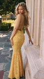 Elegant Yellow Mermaid Spaghetti Straps Prom Dresses Lace Applique Open Back Evening Dress HZ1108