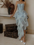Glitter Ice Blue Halter Neck Chiffon Short Party Dress Gorgeous Layered Chiffon Homecoming Dress HZ1108