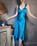Vintage Blue Satin V Neck Sheath Prom Dresses Backless Party Dress HZ1108