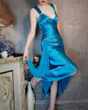 Vintage Blue Satin V Neck Sheath Prom Dresses Backless Party Dress HZ1108