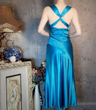 Vintage Blue Satin V Neck Sheath Prom Dresses Backless Party Dress HZ1108