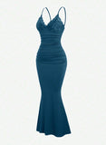 Classic Teal Spaghetti Straps Mermaid Evening Dress Satin Lace Short Party Dress HZ1108