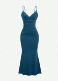 Classic Teal Spaghetti Straps Mermaid Evening Dress Satin Lace Short Party Dress HZ1108