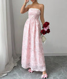 Cute Pink Strapless Jacquard Bridesmaid Dress A-Line Backless Evening Dress HZ1108