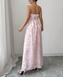 Cute Pink Strapless Jacquard Bridesmaid Dress A-Line Backless Evening Dress HZ1108