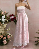 Cute Pink Strapless Jacquard Bridesmaid Dress A-Line Backless Evening Dress HZ1108
