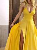 Sexy Yellow Spaghetti Straps Satin A-Line Sleeveless Party Dresses with Slits HZ1108
