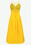 Sexy Yellow Spaghetti Straps Satin A-Line Sleeveless Party Dresses with Slits HZ1108