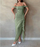 Chic Sage Green Spaghetti Strap Sheath Chiffon Ruffles Evening Dress HZ1108