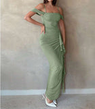 Chic Sage Green Spaghetti Strap Sheath Chiffon Ruffles Evening Dress HZ1108