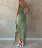 Chic Sage Green Spaghetti Strap Sheath Chiffon Ruffles Evening Dress HZ1108