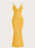 Yellow Spaghetti Strap Bodycon V Neck Party Dress HZ1108