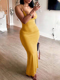 Yellow Spaghetti Strap Bodycon V Neck Party Dress HZ1108