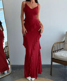 Classic Red Spaghetti Straps Mermaid Party Dress Chiffon Ruffle Evening Dress HZ1108