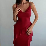 Classic Red Spaghetti Straps Mermaid Party Dress Chiffon Ruffle Evening Dress HZ1108