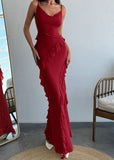 Classic Red Spaghetti Straps Mermaid Party Dress Chiffon Ruffle Evening Dress HZ1108