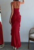Classic Red Spaghetti Straps Mermaid Party Dress Chiffon Ruffle Evening Dress HZ1108