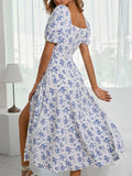 Vintage Printed Square Neck Fashion Party Dress Elegant Bridesmaid Dress With Slit HZ1108