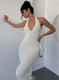 Sexy Off-White Lace Halter Bodycon Evening Dress Backless Fashion Party Dress HZ1108
