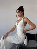 Sexy Off-White Lace Halter Bodycon Evening Dress Backless Fashion Party Dress HZ1108