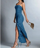 Elegant Blue Spaghetti Strap Chiffon Party Dress Ruffle Evening Gowns with Slit HZ1108