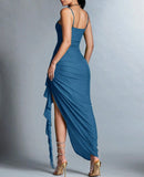Elegant Blue Spaghetti Strap Chiffon Party Dress Ruffle Evening Gowns with Slit HZ1108
