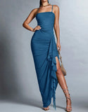 Elegant Blue Spaghetti Strap Chiffon Party Dress Ruffle Evening Gowns with Slit HZ1108