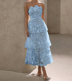 Blue Strapless Tulle Embroidered Applique A-Line Vintage Wedding Guest Dress Elegant Bridesmaid Dress HZ1108