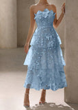 Blue Strapless Tulle Embroidered Applique A-Line Vintage Wedding Guest Dress Elegant Bridesmaid Dress HZ1108