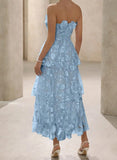 Blue Strapless Tulle Embroidered Applique A-Line Vintage Wedding Guest Dress Elegant Bridesmaid Dress HZ1108