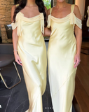 Elegant Off-the-shoulder Satin Sheath Formal Dresses Butter Yellow Evening Gowns HZ1108