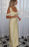Elegant Off-the-shoulder Satin Sheath Formal Dresses Butter Yellow Evening Gowns HZ1108