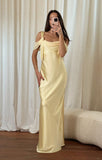Elegant Off-the-shoulder Satin Sheath Formal Dresses Butter Yellow Evening Gowns HZ1108
