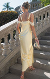 Elegant Off-the-shoulder Satin Sheath Formal Dresses Butter Yellow Evening Gowns HZ1108