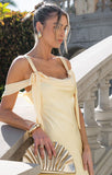 Elegant Off-the-shoulder Satin Sheath Formal Dresses Butter Yellow Evening Gowns HZ1108