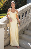 Elegant Off-the-shoulder Satin Sheath Formal Dresses Butter Yellow Evening Gowns HZ1108