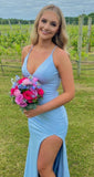 Gorgeous Blue Mermaid Satin V-neck Wedding Guest Dress Sexy Backless Evening Gowns HZ1108