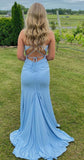 Gorgeous Blue Mermaid Satin V-neck Wedding Guest Dress Sexy Backless Evening Gowns HZ1108
