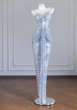 Glittering Rhinestone Spaghetti Strap Bodycon Evening Gowns Gorgeous Long Prom Dresses HZ1108