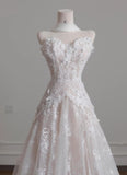White Strapless Tulle Lace Vintage Wedding Dress Gorgeous A-Line Long Prom Dresses HZ1108