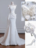 White Strapless Satin Lace Mermaid Train Wedding Dress,Elegant Long Prom Dresses HZ1108