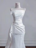 White Strapless Satin Lace Mermaid Train Wedding Dress,Elegant Long Prom Dresses HZ1108
