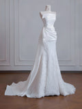 White Strapless Satin Lace Mermaid Train Wedding Dress,Elegant Long Prom Dresses HZ1108