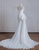 White Strapless Satin Lace Mermaid Train Wedding Dress,Elegant Long Prom Dresses HZ1108