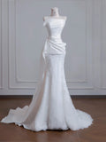 White Strapless Satin Lace Mermaid Train Wedding Dress,Elegant Long Prom Dresses HZ1108
