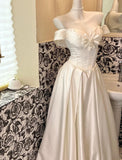 Pearl White Off Shoulder A-Line Satin Vintage Wedding Dress, Sweet Long Prom Dresses HZ1108