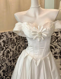 Pearl White Off Shoulder A-Line Satin Vintage Wedding Dress, Sweet Long Prom Dresses HZ1108