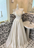 Pearl White Off Shoulder A-Line Satin Vintage Wedding Dress, Sweet Long Prom Dresses HZ1108