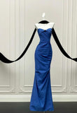 Elegant Blue Mermaid Strapless Satin Long Prom Dresses Formal Evening Gowns HZ1108